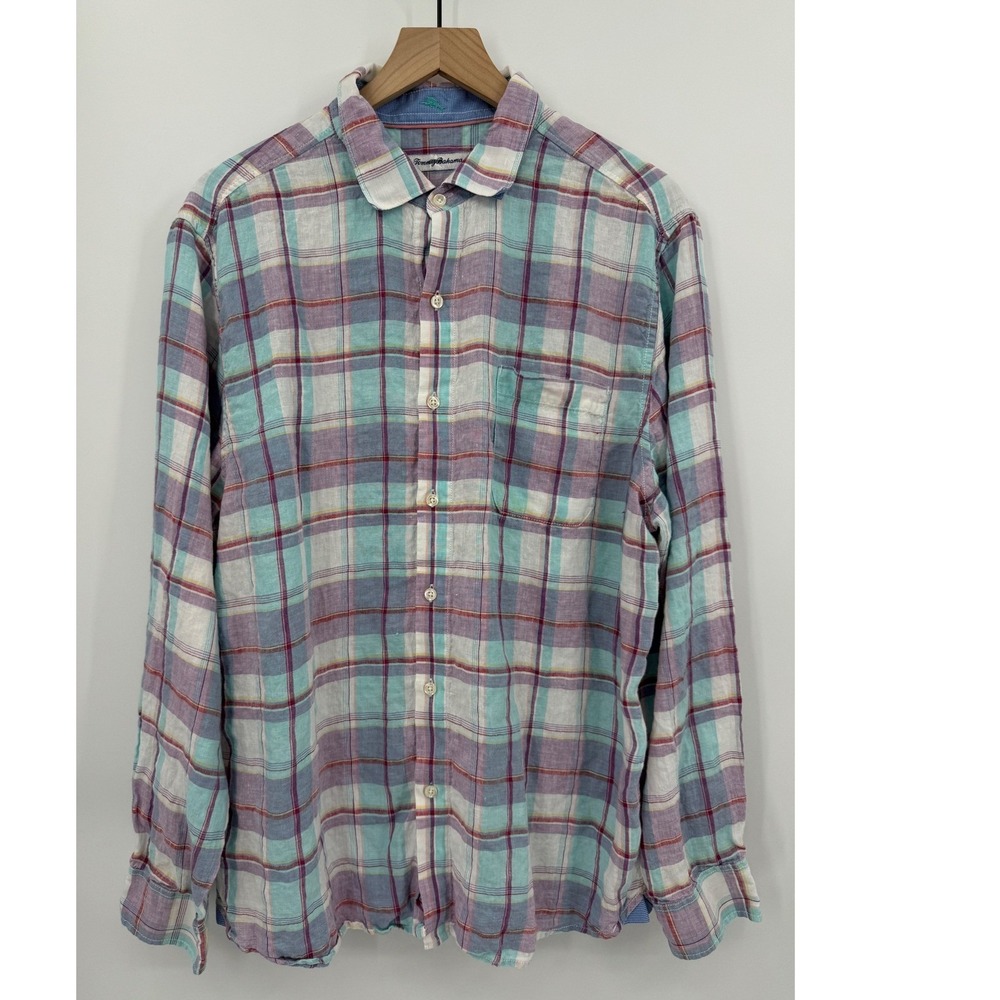 Tommy Bahama Shirt Mens Large Purple Green Plaid‎ 100% Linen Button Beach